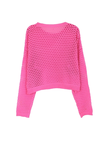 Women's Hollow Out Crochet Knit Long Sleeve Round Neck Sweater Short Beach Vacation Casual Pink Loose Fit Pullover Top