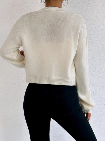 Women's Cute Bear Patch Knit Cardigan Casual Long Sleeve V Neck Open Front Cream Short Sweater Coat