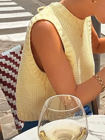 Women Casual Backless Knit Vest Sleeveless Round Neck Bow Tie Halter Top Chunky Knit Solid Color Summer Top For Women