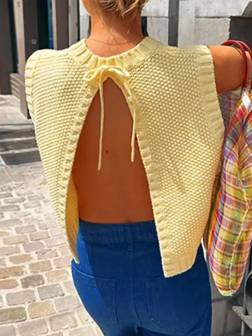 Women Casual Backless Knit Vest Sleeveless Round Neck Bow Tie Halter Top Chunky Knit Solid Color Summer Top For Women