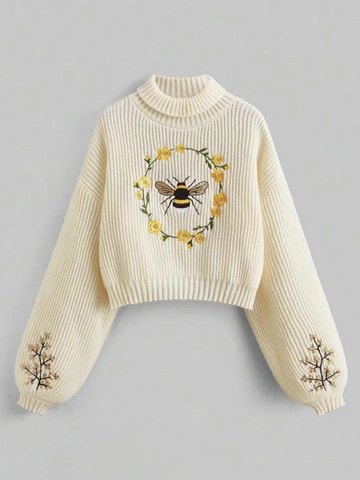 Dames Coltrui Geborduurd Pullover Gebreide Trui Geribbelde Korte Top Lange Mouw Bij Bloem Borduurwerk Casual Jumper Vrouwen