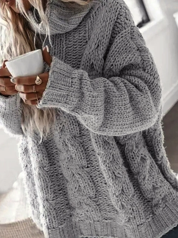 Women Oversized Turtleneck Cable Knit Sweater Casual Long Sleeve Solid Color Loose Pullover Polyester Knitwear Tops