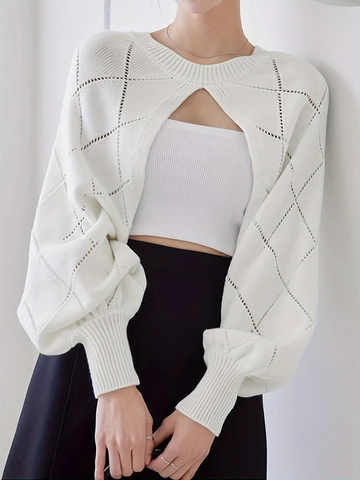 Suéter Bolero de Punto Calado para Mujer Blanco Cuello Redondo Manga de Linterna Suéter Corto Pullover de Diamantes