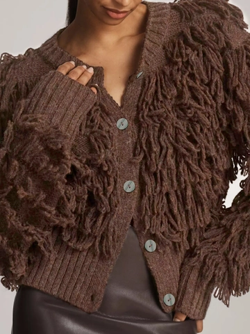 Cárdigan de Punto para Mujer con Flecos Escote en V Botones Manga Larga Suéter Shaggy Color Sólido Abrigo Cálido Otoño Invierno