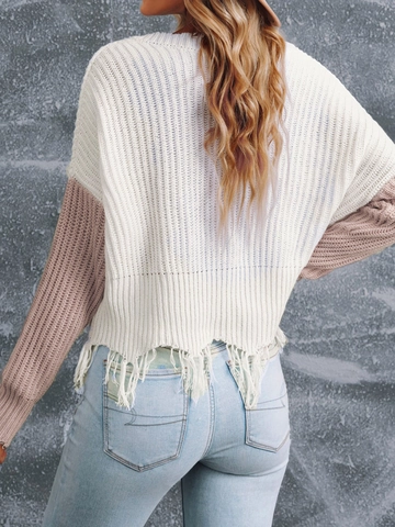 Suéter de Punto Desgastado con Cuello en V para Mujer Manga Larga Hombros Caídos Corto Pullover con Bordes Deshilachados Top de Contraste