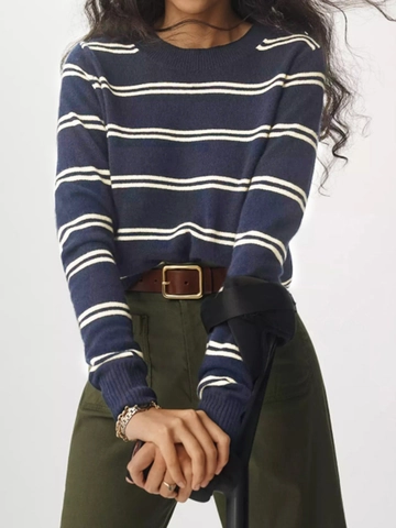 Women Casual Striped Knit Sweater Navy White Round Neck Long Sleeve Pullover Autumn Winter Soft Jumper Ribbed Trim Top