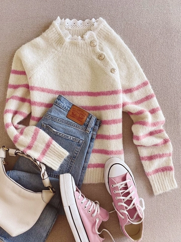 Dames Gestreepte Gebreide Trui Kant Patchwork Lange Mouw Pullover Casual Ronde Hals Knoop Decoratie Mode Breigoed
