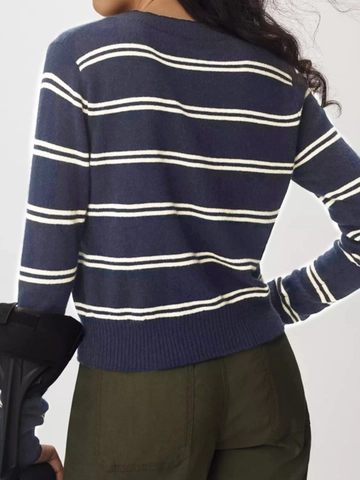 Women Casual Striped Knit Sweater Navy White Round Neck Long Sleeve Pullover Autumn Winter Soft Jumper Ribbed Trim Top