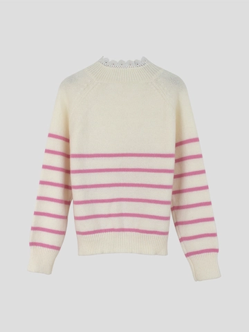 Dames Gestreepte Gebreide Trui Kant Patchwork Lange Mouw Pullover Casual Ronde Hals Knoop Decoratie Mode Breigoed