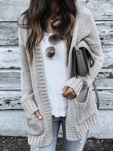 Women Casual Solid Color Knitted Cardigan With Pockets Long Sleeve V Neck Loose Mid Length Polyester Sweater Outerwear Coat