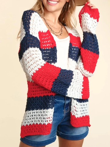 Women Crochet Hollow Out Striped Cardigan V Neck Long Sleeve Knit Sweater Contrast Color Casual Open Front Knitwear Top