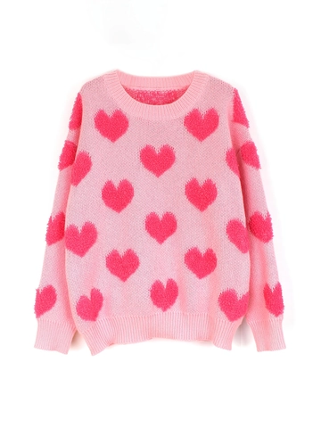 Jersey Casual de Punto Rosa con Patrón de Corazón para Mujer Pullover Manga Larga Cuello Redondo Top de Canalé San Valentín