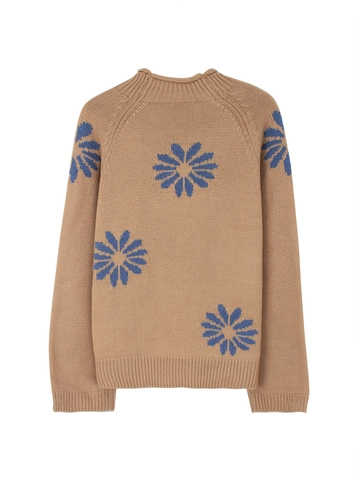 Women's Retro Knitted Pullover Sweater Blue Sunflower Pattern Ribbed Round Neck Long Sleeve Casual Acrylic Sweater
