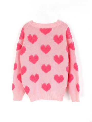 Jersey Casual de Punto Rosa con Patrón de Corazón para Mujer Pullover Manga Larga Cuello Redondo Top de Canalé San Valentín