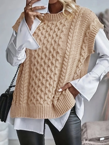 Chaleco de Punto de Ochos Casual para Mujer Cuello Redondo Sin Mangas Acrílico Chaleco de Punto Pullover Top de Moda Otoño Invierno
