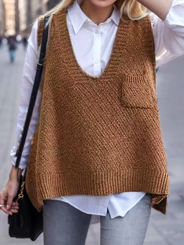 Chaleco de Suéter de Punto Casual para Mujer con Cuello en V Holgado sin Mangas con Bolsillo Dobladillo Acanalado Color Sólido Top de Poliéster