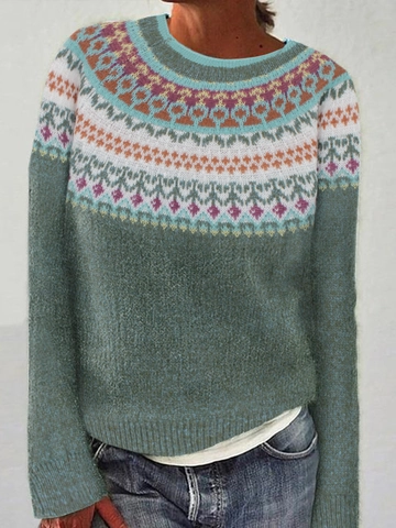 Suéter de Punto Fair Isle Casual para Mujer Patrón Geométrico Vintage Cuello Redondo Manga Larga Pulóver