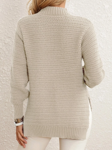 Damen Casual Strickpullover Rundhals Langarm Einfarbig Pullover Seitenschlitz Fischgrätmuster Jumper Tops