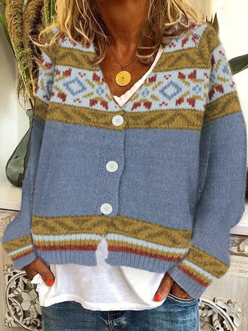 Cárdigan de Punto Geométrico Vintage para Mujer Suéter de Manga Larga Cuello en V Patrón Fair Isle con Botones Tops Informales Cálidos