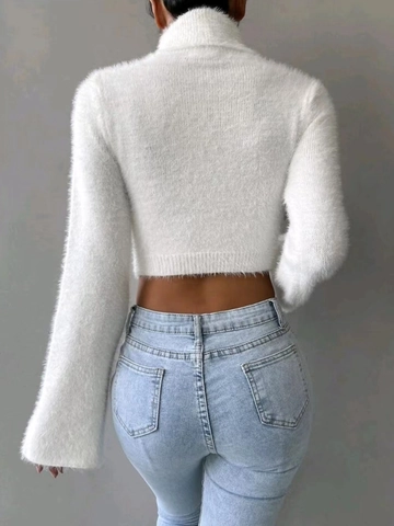 Damen Flauschiger Strick Gekürzter Rollkragenpullover Mit Trompetenärmeln Einfarbig Lässiger Weicher Warmer Pullover Für Herbst Winter Alltag