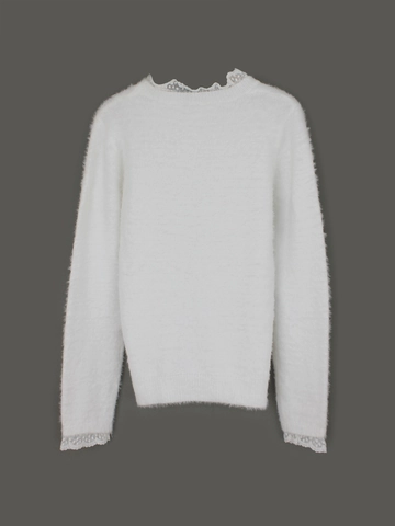 Maglione da Donna Casual in Maglia con Patchwork in Pizzo Tinta Unita Manica Lunga Elegante Morbido Peloso Girocollo Dolce Top alla Moda