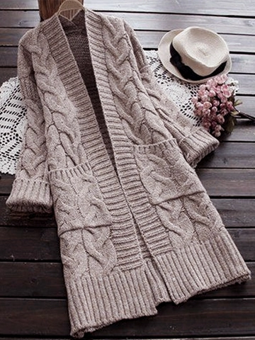 Women Long Cable Knit Cardigan Open Front Sweater With Pockets Casual Loose Long Sleeve Knitted Soft Coat Outerwear
