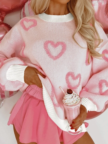 Women's Casual Long Sleeve Round Neck Heart Pattern Knit Sweater Loose Sweet Pullover Warm Jumper Top For Valentine's Day