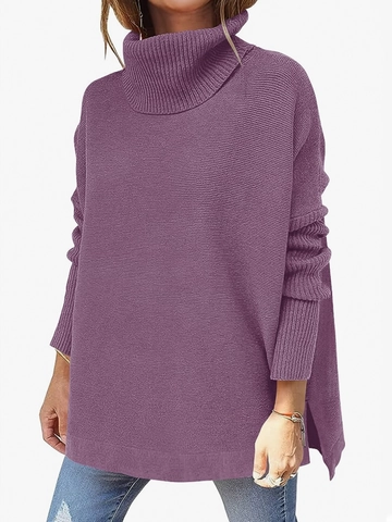 Women's Loose Turtleneck Knit Sweater Oversized Long Sleeve Pullover With Side Split Ribbed Cuffs Solid Color Casual Soft Top
