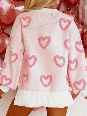 Women's Casual Long Sleeve Round Neck Heart Pattern Knit Sweater Loose Sweet Pullover Warm Jumper Top For Valentine's Day
