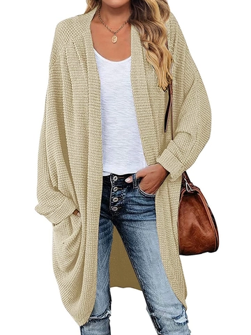Women Casual Long Waffle Knit Cardigan Loose Drop Shoulder Open Front Sweater With Pockets Solid Color Khaki Outerwear