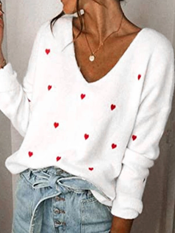 Women Casual V Neck Heart Pattern Knitted Sweater Long Sleeve Loose Pullover Top Autumn Winter Sweet Knitwear