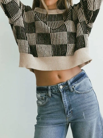Pull en Maille Décontracté pour Femmes à Damiers Bloc de Couleur Col Rond Manches Longues Rétro