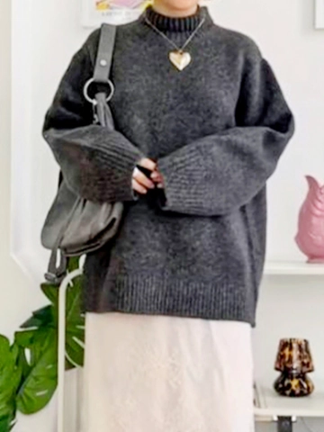 Maglione Donna Casual a Collo Alto in Maglia Tinta Unita Maniche Lunghe Pullover a Costine Oversized Top in Maglia