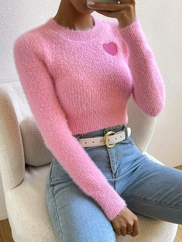 Women Casual Heart Pattern Knit Sweater Crew Neck Long Sleeve Cropped Pullover Faux Mink Fur Mohair Style Autumn Top