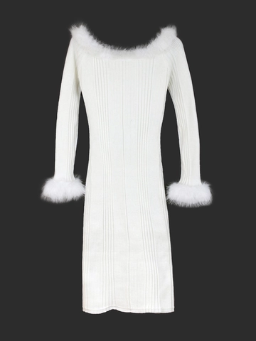 Robe Maxi Élégante en Maille Épaules Dénudées Avec Bordure en Fausse Fourrure Manches Longues Robe Pull Slim Fit pour Automne Hiver Fête Femme