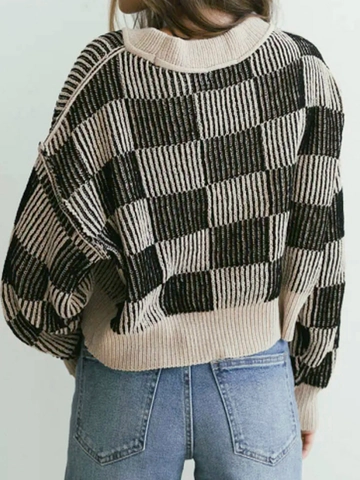Pull en Maille Décontracté pour Femmes à Damiers Bloc de Couleur Col Rond Manches Longues Rétro