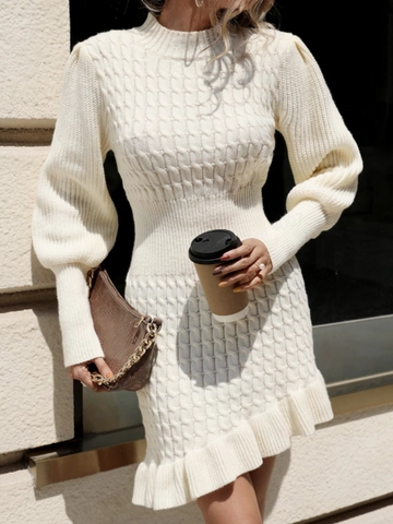 Elegant Women Cable Knit Long Sleeve Round Neck Dress Ruffle Hem Lantern Sleeve Slim Fit Solid Knitted Sweater Dress