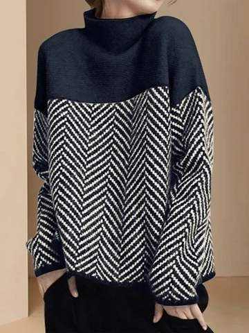 Pull Décontracté Femme Bloc de Couleur Col Montant Motif Chevrons Tricot Manches Longues Automne Hiver