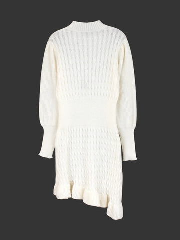 Elegant Women Cable Knit Long Sleeve Round Neck Dress Ruffle Hem Lantern Sleeve Slim Fit Solid Knitted Sweater Dress
