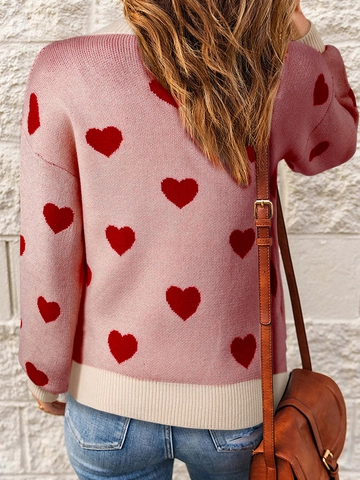 Women Casual Heart Pattern Knit Sweater Valentine Day Pink Round Neck Long Sleeve Pullover Soft Knitted Jumper Top