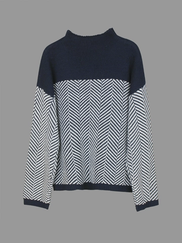 Pull Décontracté Femme Bloc de Couleur Col Montant Motif Chevrons Tricot Manches Longues Automne Hiver