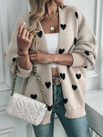 Women Casual Heart Pattern Knit Cardigan Long Sleeve V-Neck Ribbed Trim Loose Fit Open Front Khaki Sweater Outerwear