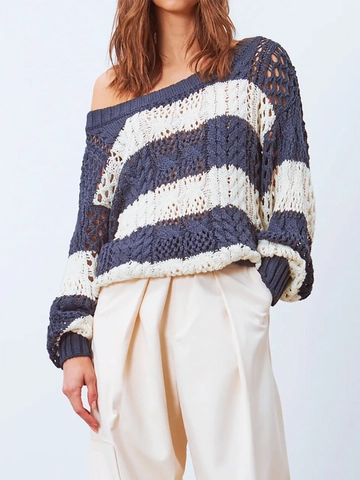 Women Casual Stripe Hollow Out Pointelle Knit Sweater Crew Neck Long Sleeve Drop Shoulder Loose Pullover Top