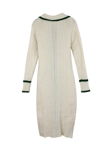 Women Casual Knitted Maxi Dress Contrast Color Polo Neck Button Up Long Sleeve Slim Fit Ribbed Cardigan Dress