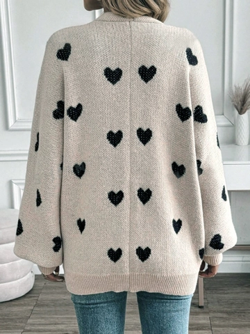 Women Casual Heart Pattern Knit Cardigan Long Sleeve V-Neck Ribbed Trim Loose Fit Open Front Khaki Sweater Outerwear