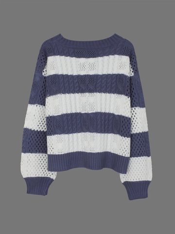 Women Casual Stripe Hollow Out Pointelle Knit Sweater Crew Neck Long Sleeve Drop Shoulder Loose Pullover Top