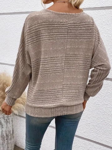 Women Casual Oversized Knit Sweater Round Neck Long Batwing Sleeve Ribbed Pullover Top Khaki Oatmeal Solid Color Knitwear