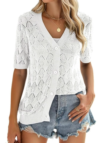 Cárdigan de Punto de Ganchillo Casual para Mujer Cuello en V Manga Corta Con Botones Calado Color Sólido Poliéster Top de Verano de Playa