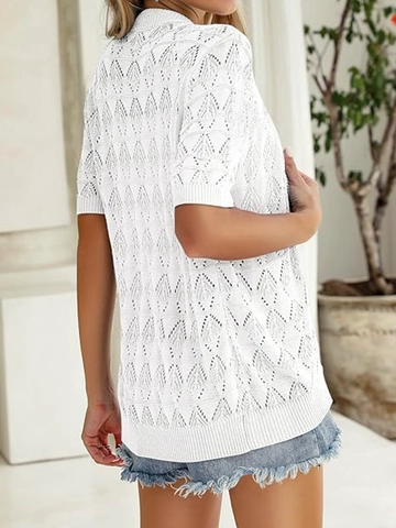 Cárdigan de Punto de Ganchillo Casual para Mujer Cuello en V Manga Corta Con Botones Calado Color Sólido Poliéster Top de Verano de Playa