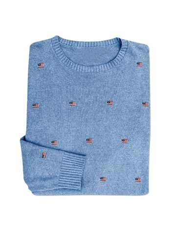Women American Flag Embroidered Knitted Sweater Casual Round Neck Long Sleeve Polyester Pullover Retro Loose Blue Knit Top
